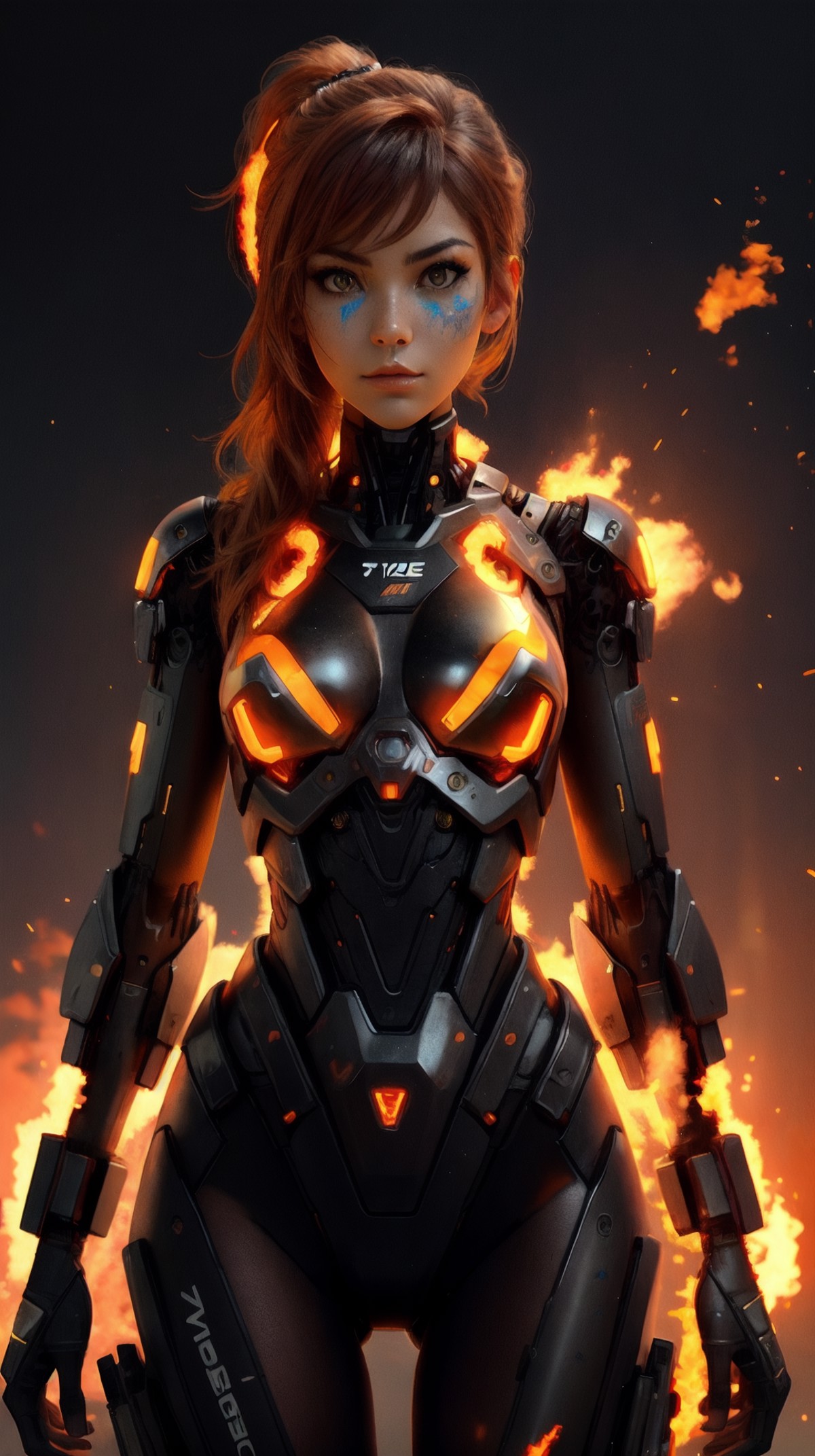cyborg, fire suit<lora:nanoArmor:0.7>